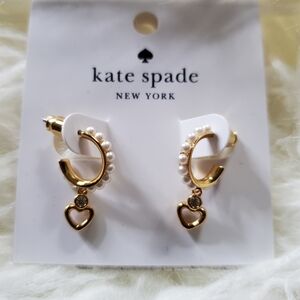 New Kate Spade Gold Hoop Earrings with Heart and Pearl